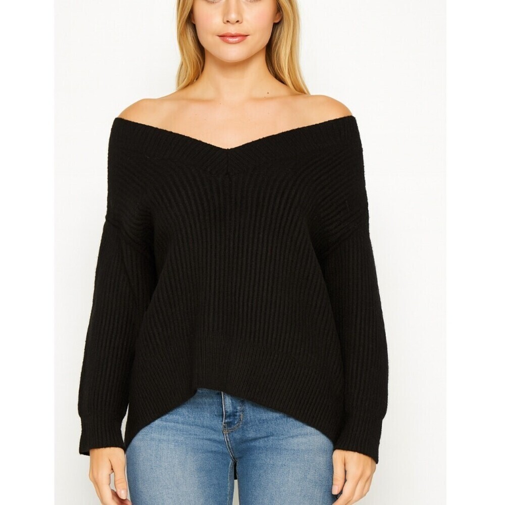 Aritzia Babaton sweater 100% Merino Wool V-neck black Ribbed SZ M